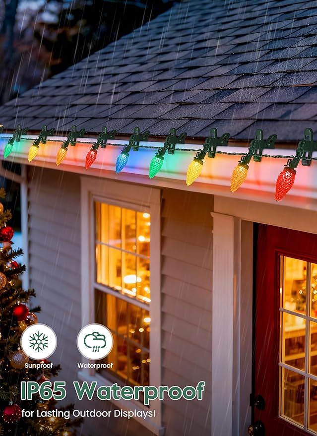 Brightown C9 LED Christmas Lights Outdoor 99 Feet 150 LED C9 String Lights with 150 Spring Clips Waterproof Connectable Christmas Tree Lights for Outside Roofline Patio Home Xmas Decor Multicolor