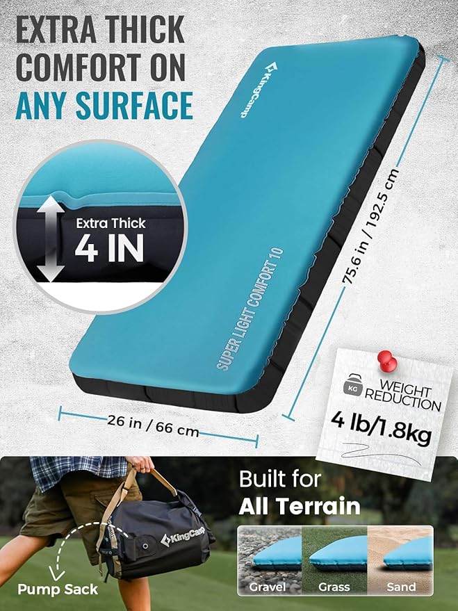 KingCamp Foam Camping Pad 4 Thick Inflatable Single Sleeping Pad with Pump Sack Silent Elastic Fabric Sleep Mat for Backpacking Tent &amp Car Camping