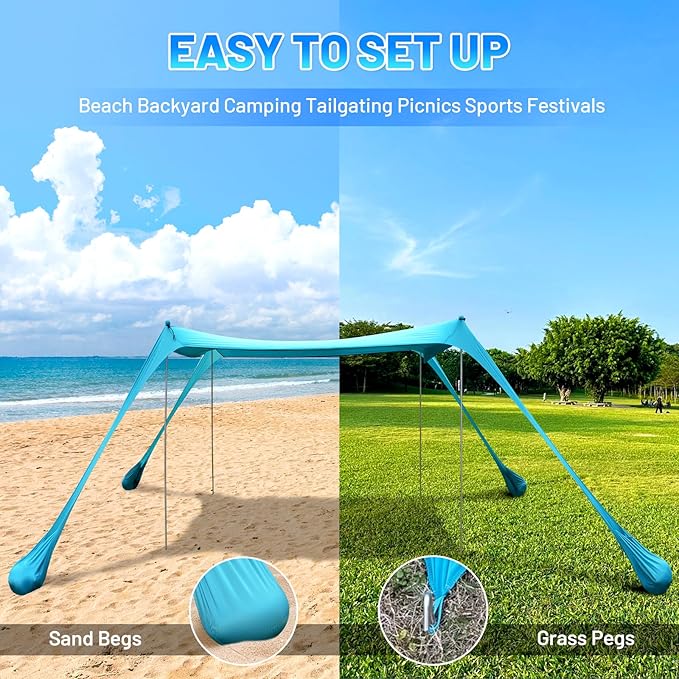 BOTINDO Family Beach Tent Canopy Sun Shade Pop Up Grande Beach Tent Sun Shelter Stability 4 Poles with Portable Carry Bag Outdoor Shade for Fishing Backyard Camping (Turquoise 10x10FT 4Pole)