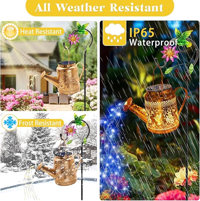 Solar Lights Outdoor Garden Decor Hummingbird Hanging Watering Can Landscape Lights Waterproof Outside Decorations for Yard Front Porch Patio Backyard Gardening Gift for Mom Grandma Women Birthday