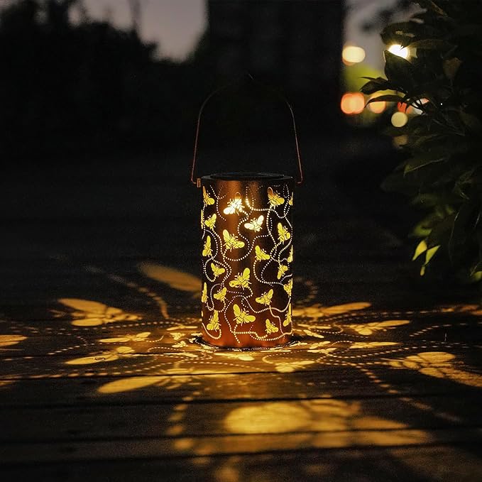 Solar Honeybee Lanterns Outdoor Hanging Decor LanternWaterproof Hollow Out Retro Metal Decorative Garden LightGraceful Decoration for PatioYardLandscapeWalkwayFestival