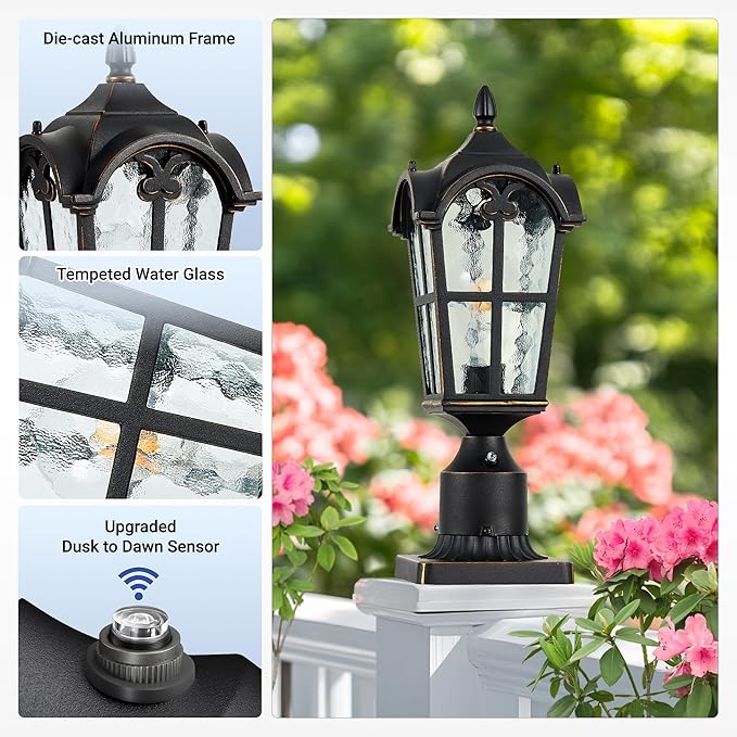 VIANIS Dusk to Dawn Outdoor Post Light Black 1-Pack Lamp Posts Outdoor Lighting with Pier Mount Base Waterproof Aluminum Outside Post Lights for Garden Patio Pathway (Hardwired 120VAC)