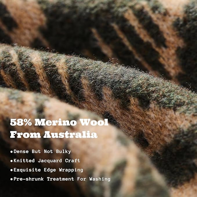 ACUSHLA Merino Wool Blanket - Soft Warm Thick Washable Large Throw Blanket for Camping Bed Couch Outdoor Travel All Weather Navajo Style Green 79X63