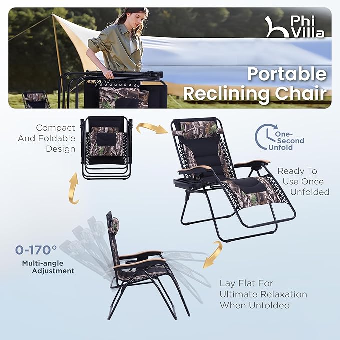 PHI VILLA XXL Oversized Padded Zero Gravity Chair Foldable Patio Recliner 30 Wide Seat Anti Gravity Lounger with Cup Holder Support 400 LBS (Camouflage)