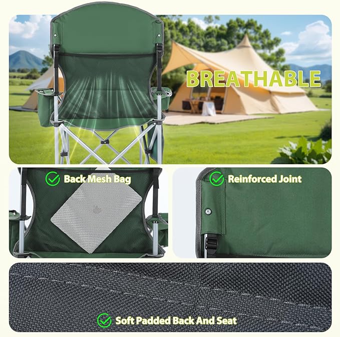 Nice C Camping Chair Portable Chair Lawn Chairs Outdoor Chairs with Armrest Cooler Bag Cup Holder Side Pocket for Camping Traveling Picnic (Green&ampGrey 1-Pack)