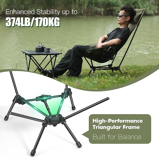 AuroraTrail High Back Folding Camping Chair with Pillow – Lightweight Portable Outdoor Chair with Cup Holder &amp Carry Bag Sturdy Aluminum Frame Supports up to 374 lb for Camping Hiking &amp Fest