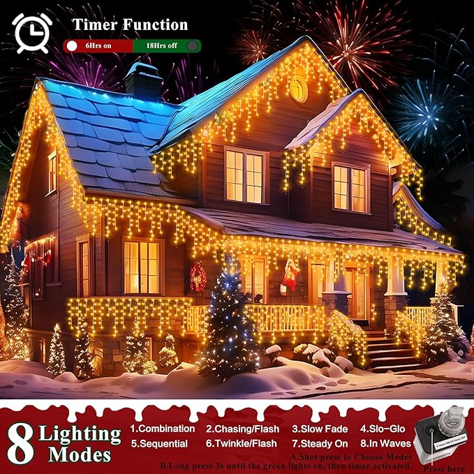 XURISEN 66ft Christmas Lights Decorations Outdoor 640 LED 8 Modes Curtain Fairy Lights with 120 DropsPlug in Waterproof Timer Memory Function for Christmas Holiday Wedding Party Decor(Warm White)
