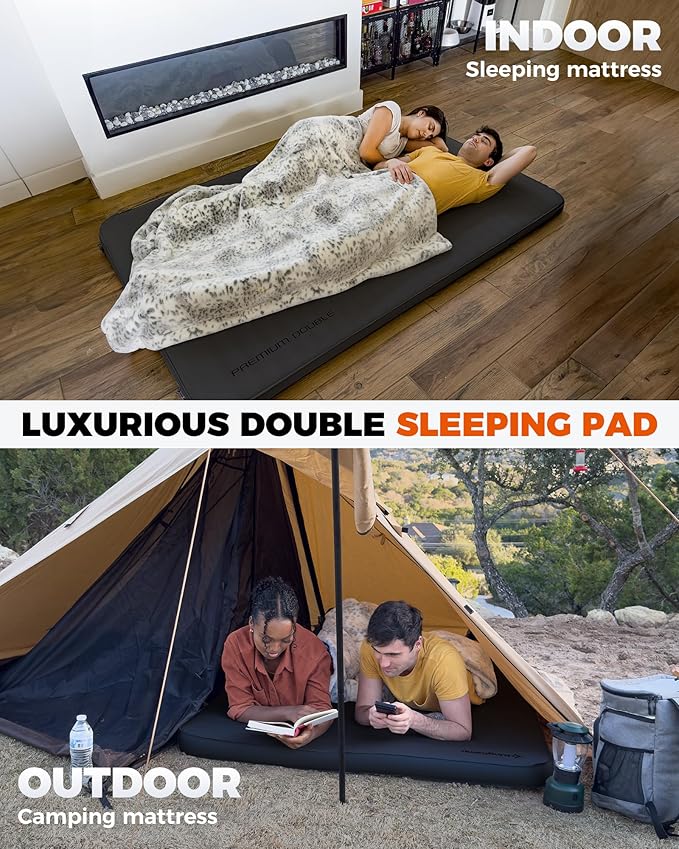 KingCamp Premium Double Self Inflating Sleeping Pad 7.5 R-Value Air &amp Foam Camping Mattress 2 Person 3 Thick Double Size Insulated Sleeping Pad with Pump Sack for Car Camp Tent PVC Free Black