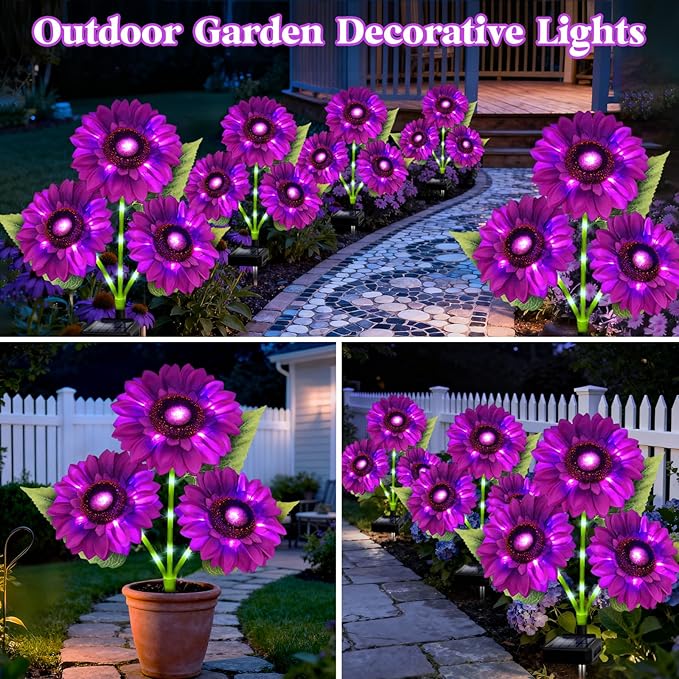 ANGMLN Solar Lights Outdoor Garden Decor 5 Pack with 15 Purple Sunflower Lights Solar Flowers Waterproof Birthday Gifts for Mom Women Outside Decorative Light for Landscape Yard Patio Lawn