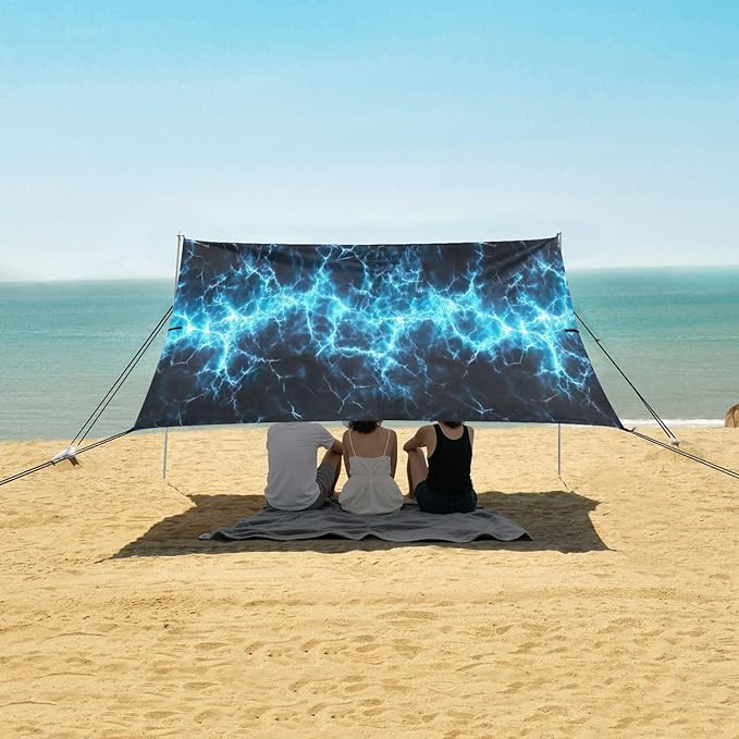 Spark Texture Blue Beach Tent Sun Shelter 9.2' x 10.5' Beach Canopy with 4 Sandbags 4 Stability Poles Sand Shovels - Tent Canopy for Beach Camping Fishing Picnics