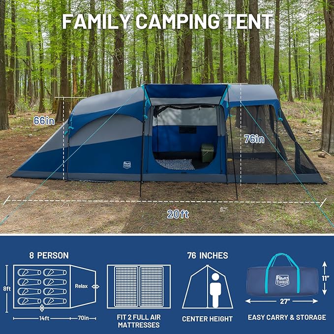 TIMBER RIDGE 8 Person Family Camping Tent with Screen Room Double Layer Waterproof Weather Resistant Big Tunnel Tent with Rainfly Carry Bag Large Family Tent for Outdoor Party 20ft x 8ft x 76in