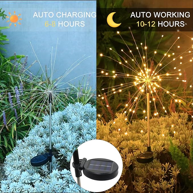Solar Garden Firework Lights Outdoor Waterproof 4 Pack Solar Lighting with 8 Lighting Modes 120 LED Sparklers String Lights for Outside Decor Yard Pathway Decorations(Warm)
