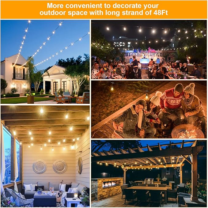 Mlambert 2 Pack Each 48FT 3-Color in 1 Solar String Lights Outdoor Dimmable Patio Lights with Remote 30+5 Waterproof LED Bulbs for Cafe Bistro Yard