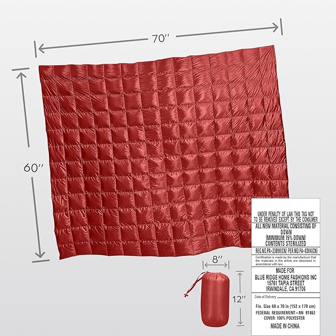 Down Throw Camping Blanket - Packable Lightweight Down Throw Blanket for Outdoor Travel Hiking Picnic RV Puffy Warm Blanket 60 x 70 with Carry Bag 650 Fill Power