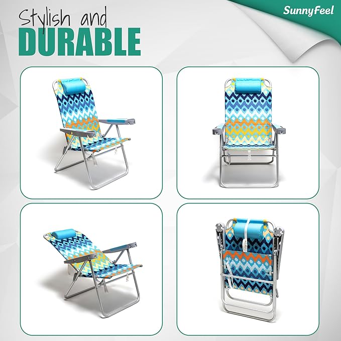 SUNNYFEEL 17 Tall Oversized Beach Chairs 2 Pack for Adults Heavy Duty 300 LBS 5 Position Portable High Folding Camping Chair with Cup Holder for Outdoor/Lawn/Trip Foldable Sand Chairs for Adults