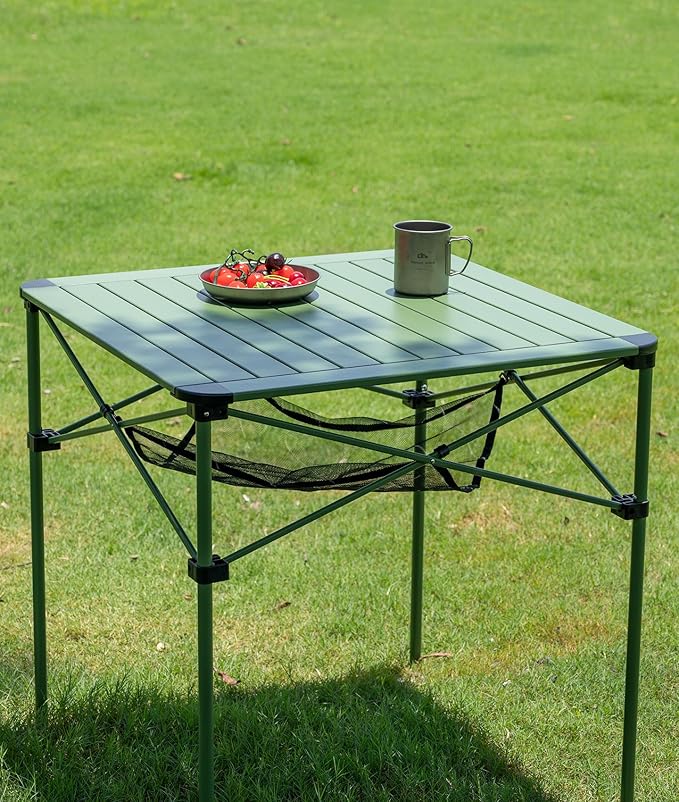 iClimb Lightweight Stable Alu. Folding Square Table Roll Up Top with Carry Bag for Camping Picnic Backyards BBQ Camp Kitchen (Green L)