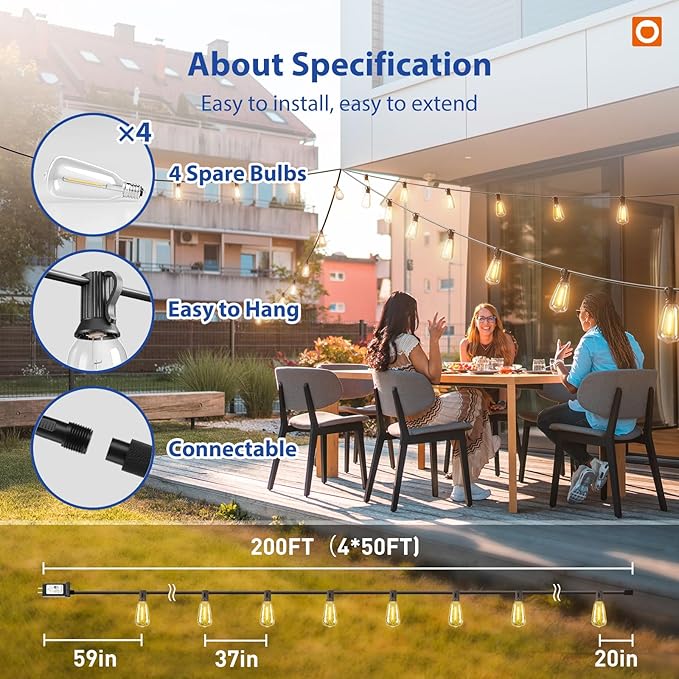 addlon 200FT(50FT*4) LED Outdoor Lights Waterproof Patio Lights with 64 Shatterproof ST38 Replaceable Bulbs(4 Spare) Dimmable Outside Hanging Light Connectable for Porch Backyard