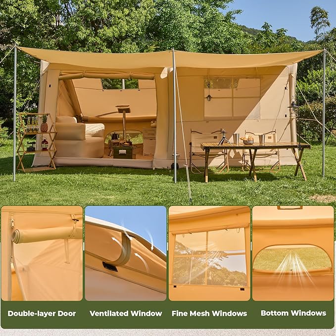 YOLENY Inflatable Tents for 8-10 People 600D Oxford Blow up Tent with Extended Canopy Easy Set-up Waterproof Glamping Cabin for 8-10 People