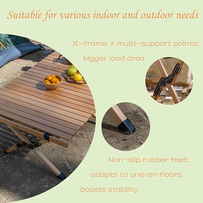 Folding Camping Table Beech Wood Portable Lightweight Roll-up Picnic Table with Carrying Bag for Outdoor Backyards BBQ Beach Party Patio(Natural Wood &amp Big)