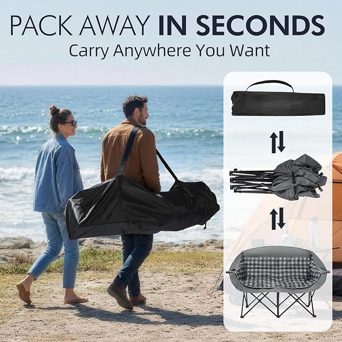 Double Camping Chairs Padded Loveseat Chair for 2 Person - Heavy Duty Oversized Camping Couch for Adults Outdoor Lawn Beach Portable Folding Sofa with Cup Holders Support 600lbs Grey