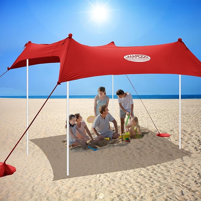 UMARDOO Family Beach Tent Canopy Sun Shade Portable Large Compact Beach Sun Shelter Easy Setup with Packable Bag for Outdoor Travel (Red 10X10 FT. 4Poles)