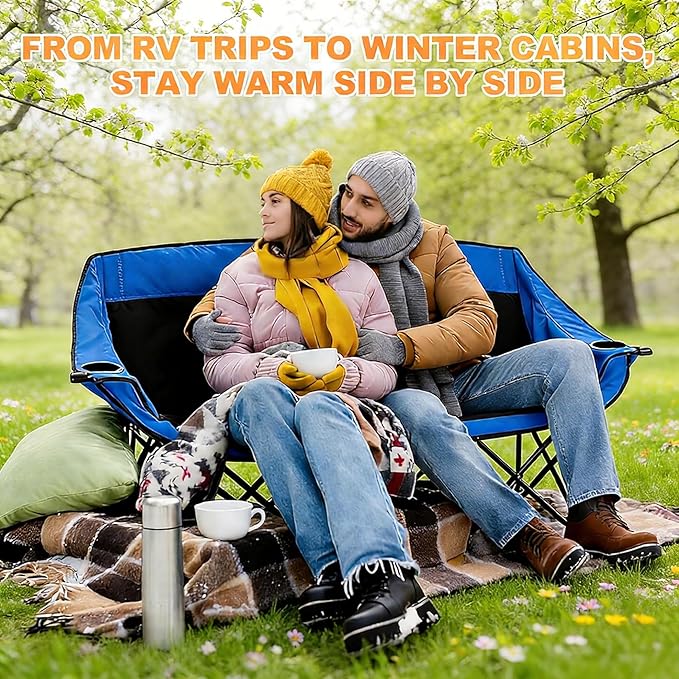 CypherX Heated Double Camping Chair with 3 Heat Levels- Heated Loveseat Chair for 2 Person Heavy Duty Oversized Padded Folding Camping Couch for Adults Outdoor Sports Lawn Portable Chairs (No battery)