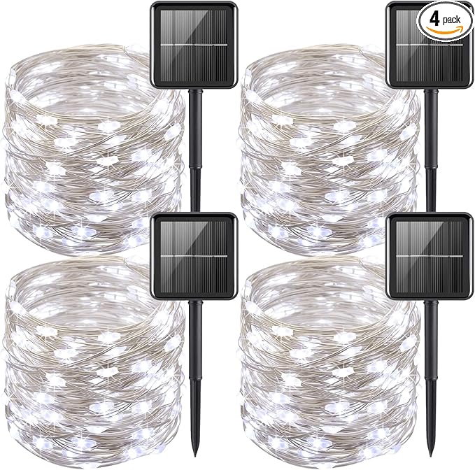 YEGUO 4 Pack White Solar Fairy Lights Each 33ft 100 LED Christmas Lights Outdoor Waterproof 8 Modes Sliver Wire Solar String Lights