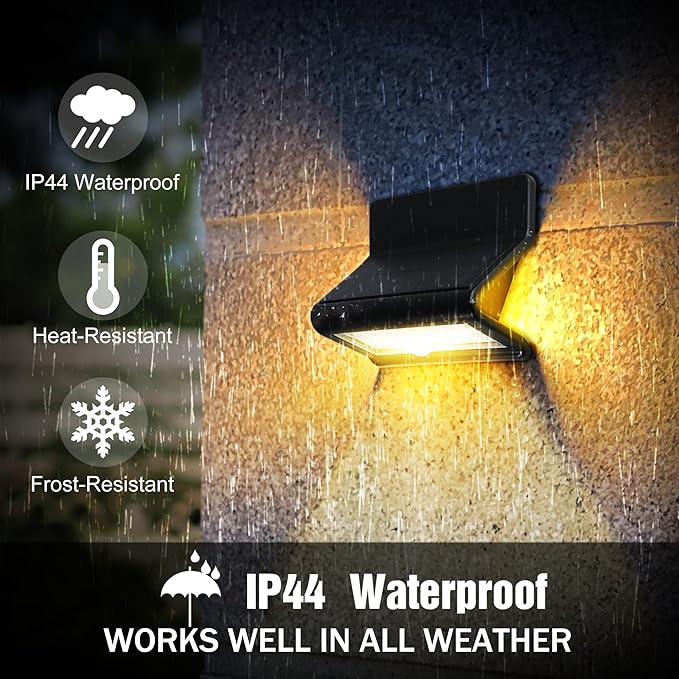 Motion Sensor Outdoor Lights with Optical Lens - 3 Modes IP44 Waterproof Solar Wall Light for Garden Patio Yard (2 Pack)