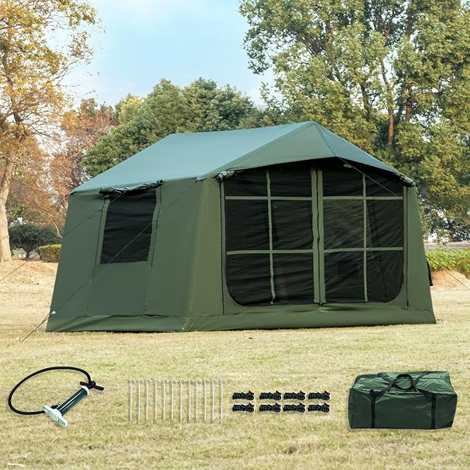 Inflatable Camping Tent with Hand Pump Waterproof Outdoor Blow up Tent 2-8 Person Oxford 4 Season Glamping Air Tent Cabin House with Mesh Windows &amp Door