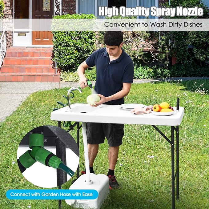 Goplus Portable Fish Cleaning Table with Sink Folding Outdoor Camping Sink Station with Hose Hook Up Heavy Duty Fillet Table with Faucet for Dock Beach Patio Picnic