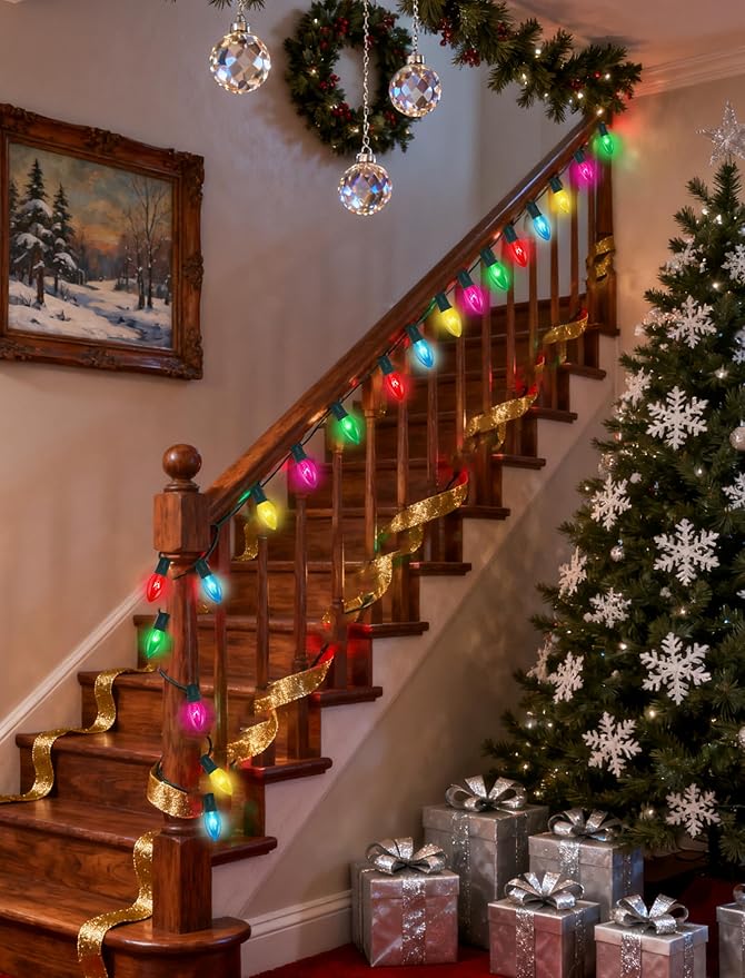 C9 Multicolor Christmas Lights 25Ft Transparent Multicolor String Lights with 26 Clear Glass Bulbs (1 Spare) Hanging Vintage Christmas Lights String for Indoor Outdoor Christmas Tree Garden Party