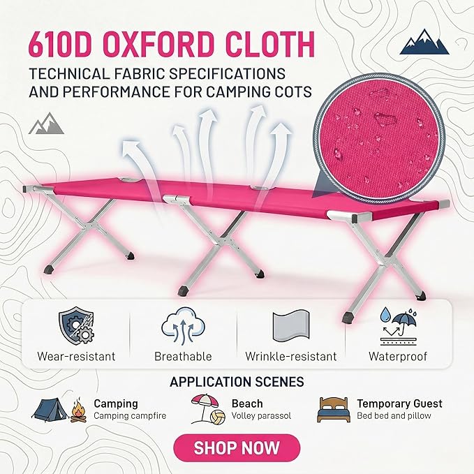 Portable Folding Camping Cot for Adults Heavy Duty Outdoor Sleeping Bed with 610D Oxford Cloth &amp Carry Bag Lightweight Aluminum Frame Supports 275lbs for Hiking Travel Office Nap (Pink)