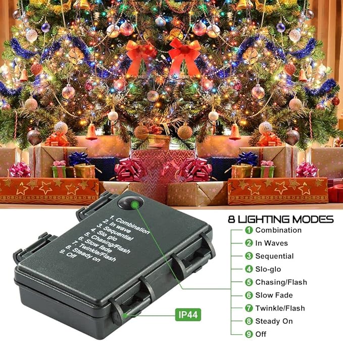 Quntis Battery Operated Christmas Lights - 132FT 300LEDs Waterproof Battery String Lights Outdoor Indoor 8 Modes LED Christmas Tree Lights with Timer Decoration for Xmas Tree Garden Party - Multicolor