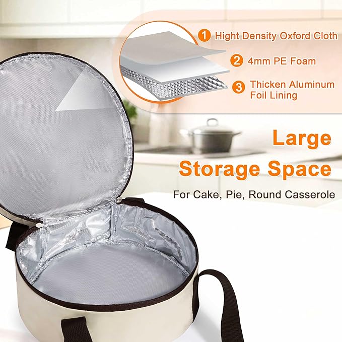 Trunab Round Double Insulated Casserole Carrier Pie Carriers for Transport Casserole Dish Carrier Bag for Hot or Cold Food Wavy Texture for Camping Picnics Party