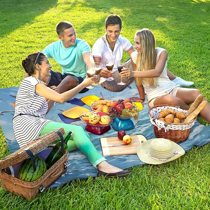 Waterproof Sandproof Beach Blanket 59''×68'' Oceans Polyester Outdoor Picnic Blanket with 4 Stakes &amp Storage Bag for BeachCampingVacation Birds