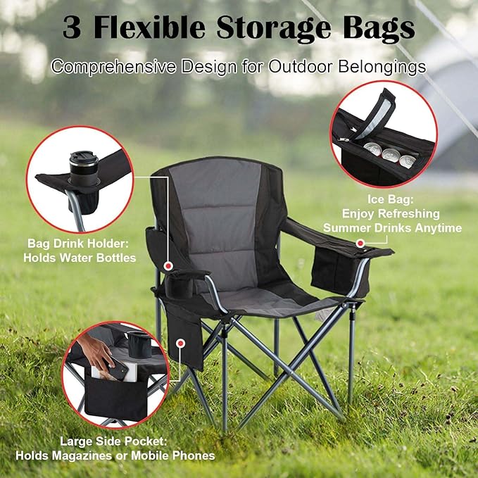Oversized Camping Folding Chair Heavy Duty Outdoor Quad Lumbar Back Padded Arm Chairs with Side Pockets Cup Holder &amp Cooler Bag Portable Chairs for Beach Lawn Picnic Fishing Support 450 LBS