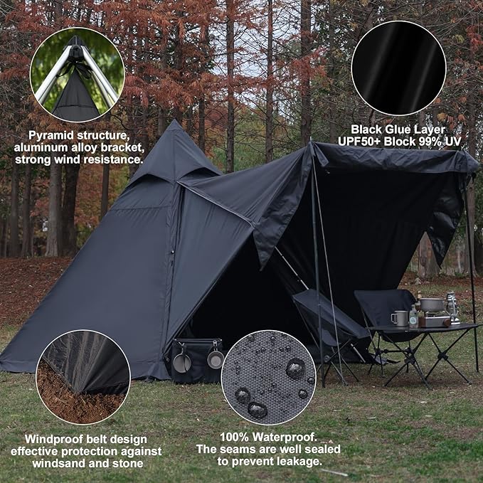 Camping Teepee Tent 2-4 Person Indian Tent Waterproof Instant Pyramid Spire Tents for Outdoor Hiking