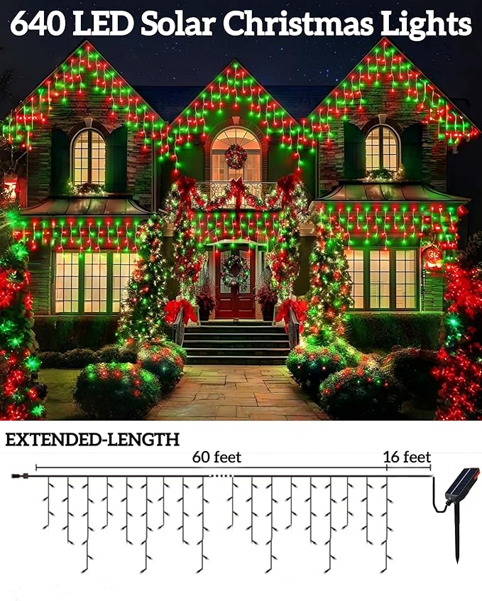 Solar Christmas Lights Outdoor 640LED 16Ft+60Ft Solar Icicle Lights Waterproof with 13 Modes Rechargeable for Outside Roof Fence Christmas Decorations