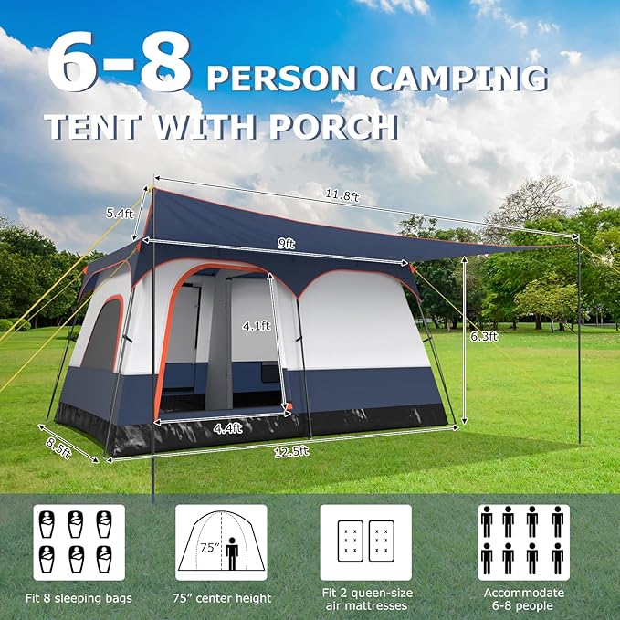 Tangkula 6/8/10-Person Camping Tent with Porch Large Family Cabin Tent with 2 Rooms 2 Doors 2 Mesh Windows Removable Rainfly Carrying Bag Double Layer Tents for Camping Picnic Outdoor