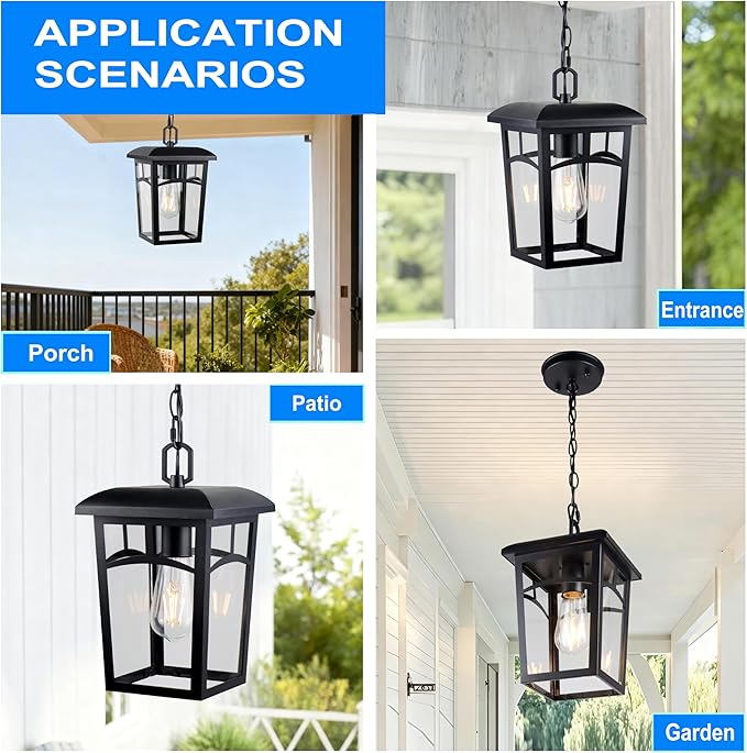 Outdoor Hanging Light Farmhouse Black Porch Pendant Lantern with Clear Glass E26 Base Modern Exterior Chandelier for Front Door Patio Entryway Gazebo Backyard