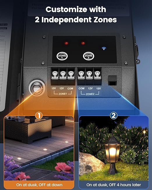 SURAIELEC Smart Wi-Fi Low Voltage Transformer 200W Indoor Outdoor Landscape Lighting Transformer with 2 Zones 120V AC to 12V 15V AC Multi Tap Power Supply Works with Alexa &amp Google Assistant