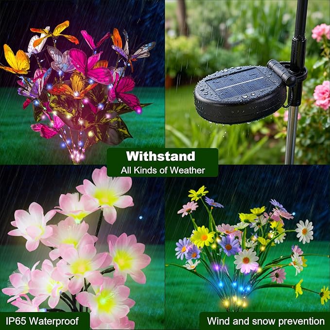 Solar Path Lights Outdoor 4 Pack LED Flower &amp Butterfly Decor Waterproof Auto On/Off Bigger Solar Panel for Yard Patio Garden Walkway Decoration Gift for Mom (Colour)