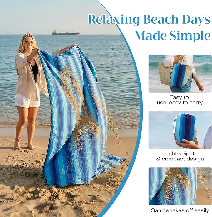 OIGAE Oversized Beach Blanket 9×10 ft Sand-Free Outdoor Mat for Groups Quick-Dry Picnic Blanket with Stakes &amp Corner Pockets Blue Stripe