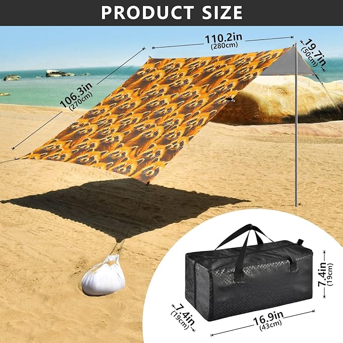 Camping Sun Shelters Cute Tanuki Pattern Beach Canopy 126 * 110.2in