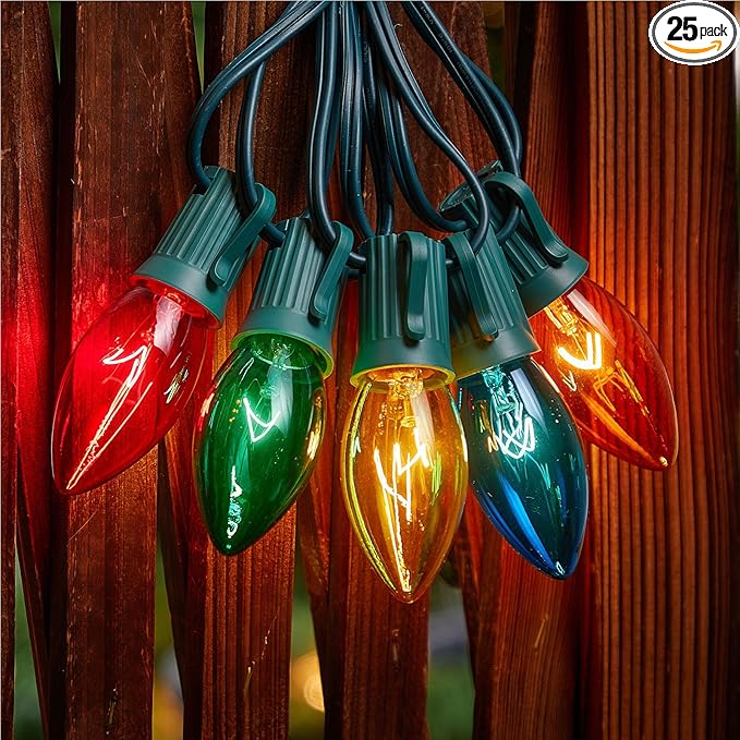 Minetom C9 Multicolor Christmas String Lights 25FT 25 Blubs Bright &amp Warm Outdoor Christmas Lights Long Life C9 String Lights for Tree Patio Gazebo Wreath Multicolor Green Wire