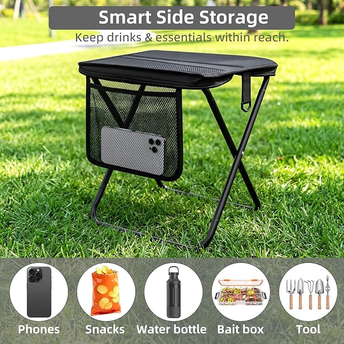 Portable Folding Camp Stool with Side Pocket Taller Foldable Camping Stool for Adults Metal Backpacking Stool Lightweight Mini Folding Chair Compact Camping Seat Travel Fishing Hiking Mobile Chair