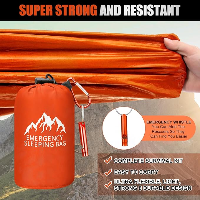 Oudain 6 Pcs XL Emergency Sleeping Bag 94.5 x 49.2 Waterproof Survival Sleeping Bag with Whistle Carabiner Portable Thermal Bivy Sack Emergency Blankets for Camping Hiking Outdoor