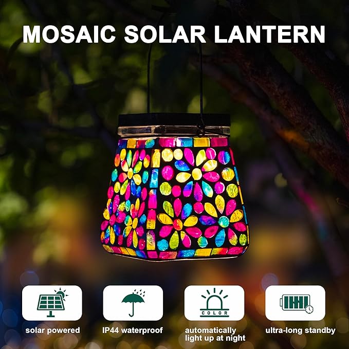 VOREEN Mosaic Glass Solar Lantern &amp Table Lamp 600mAh Solar Powered Outdoor Light Dual Modes Warm White &amp RGB Waterproof IP44 Garden Patio Yard Decor Handmade Gift for Women Mom Friends