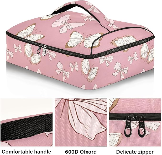 Casserole Carrier Elegance Pattern Butterflies BowsInsulated Casserole Carrier for Hot or Cold Food Thermal Lunch Tote for Potluck Parties Picnic Beach Fits 9 x 13 Inches Baking Dish