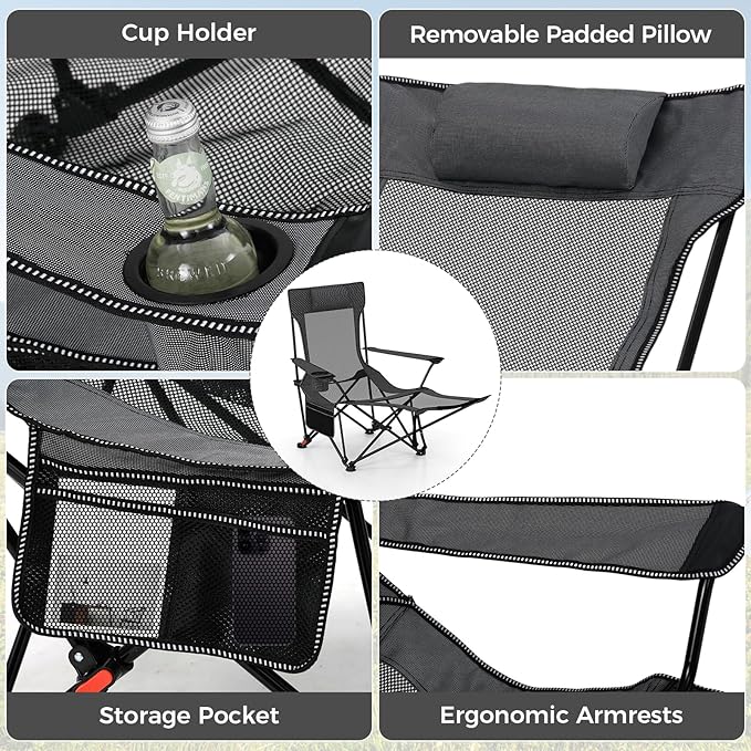 Goplus Camping Lounge Chair w/Detachable Footrest Folding Beach Chair w/4-position Backrest Carrying Bag Removable Pillow Cup Holder Storage Pouch Reclining Chair 330LBS Capacity (Grey1)